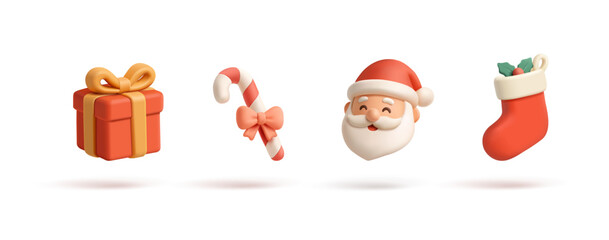 Santa Claus, red gift, sock, candy cane, 3D. Minimalistic set of icons for Christmas, celebrations, New Year concepts. On a white background. Vector illustration.