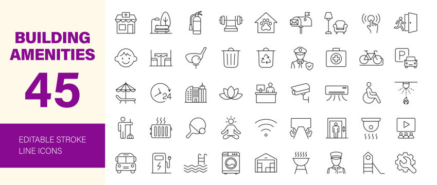 Building amenities icon set. Editable line icons. Vector illustration.