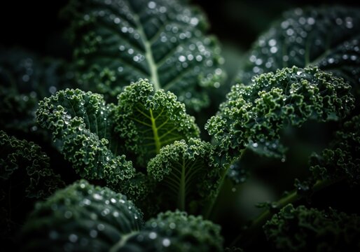 Fresh curly kale leaves covered in dew drops captured in a dramatic macro shot.