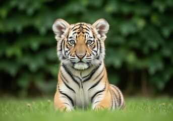 Obraz premium Close up portrait of a beautiful young tiger cub sitting in green grass