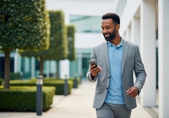Successful businessman walking and smiling while using mobile phone outside corporate building.