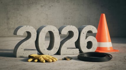 Exciting 2026 construction year ahead with bold concrete numerals, safety cone, and tools showcasing future projects and growth opportunities in development