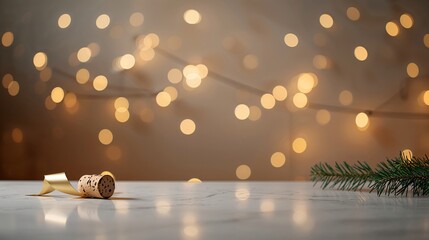 Vibrant holiday styling table glows beside artistic bokeh illumination and graceful golden ribbon product display mockup template wallpaper background flat lay with peach wall