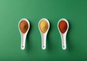 Overhead view of three white spoons filled with colorful powdered spices on green