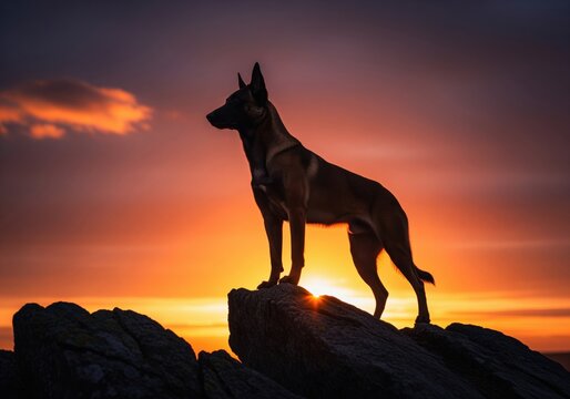 Dramatic silhouette of a belgian malinois dog standing on a rocky peak at sunset
