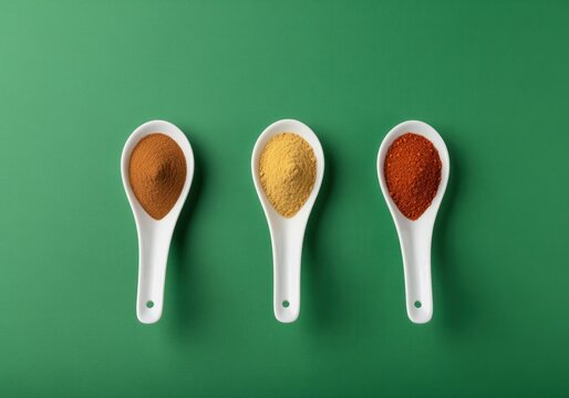 Overhead view of three white spoons filled with colorful powdered spices on green