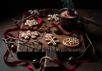 Moody christmas still life with gingerbread cookies and steaming hot chocolate on rustic wood