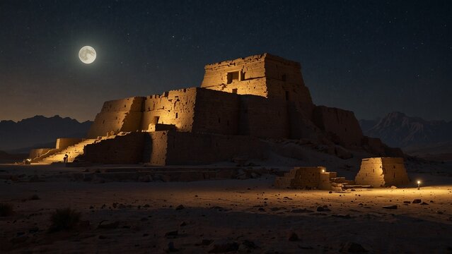 Babylonian ziggurat ruins lit by moonlig