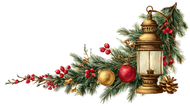 Vintage Christmas lantern with pine branches red berries golden ornaments and festive holiday decoration arrangement isolated on white background