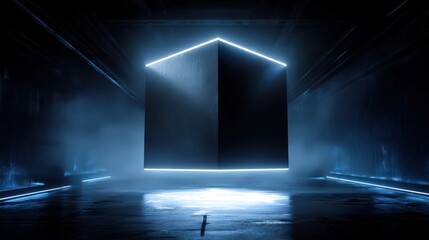 A dark, empty room with a large, glowing cube in the center, surrounded by blue and white neon lights, emitting a mysterious and futuristic atmosphere.
