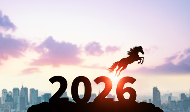 2026年へジャンプする馬　2026年午年新年イメージ　ビジネス向け年賀状素材