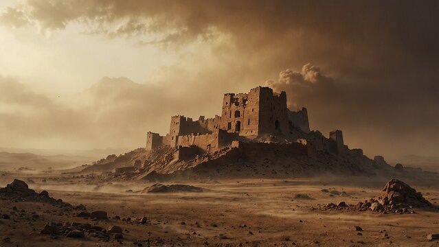 Persian fortress ruins surrounded by dus