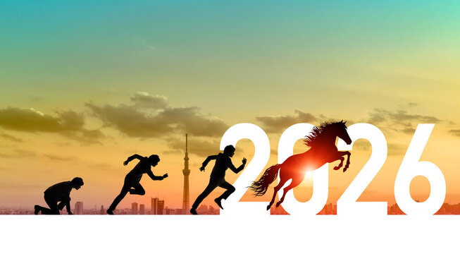 2026年へ向かって馬へ変身して走る人物　2026年午年新年イメージ　ビジネス向け年賀状素材