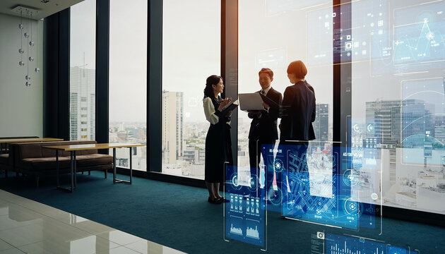 会議するビジネスパーソンのグループとデジタルテクノロジーのコンセプト