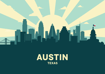 Austin Texas city skyline silhouette illustration with sunburst background.