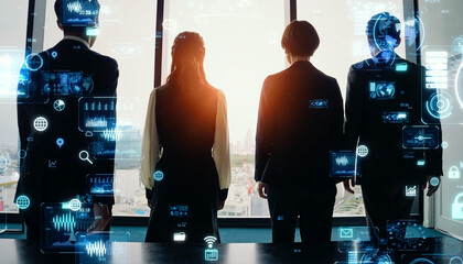 Group of business people walking in office and digital technology concept