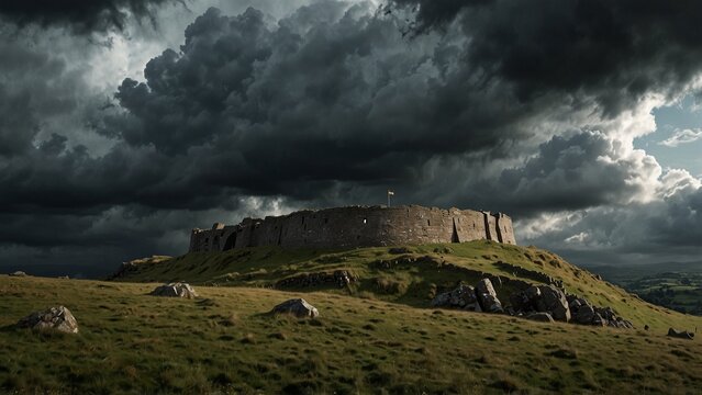 Celtic hill fort under storm clouds phot
