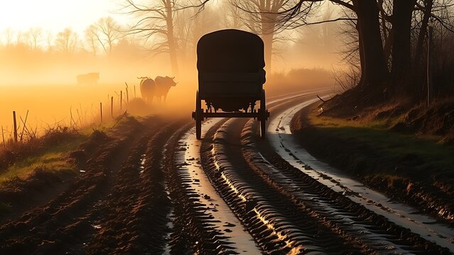 oxcart. Deep muddy ruts on a country path with an ancient oxcart moving through mist. mobility guides, transit brochures, designed for mobility and urban transit guides, used by professors.
