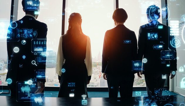 Group of business people walking in office and digital technology concept - Powered by Adobe