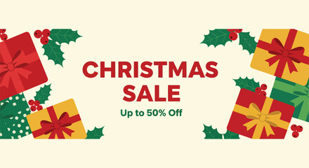 Christmas Sale Banner with Gift Boxes and Holly Decorations.