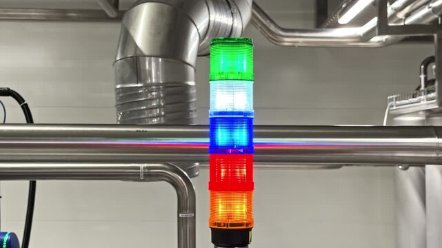 Industrial signal light column with colored indicators mounted in modern factory interior, flashing green white blue red orange