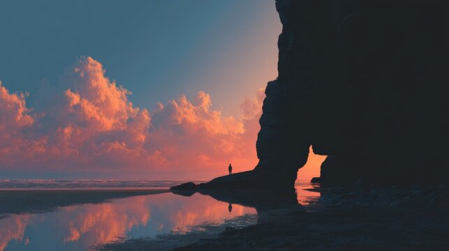 Solitary Contemplation: At dusk, A lone figure standing on the edge, gazing at the majestic spectacle of the sunset, a moment of profound solitude and connection with the ocean.