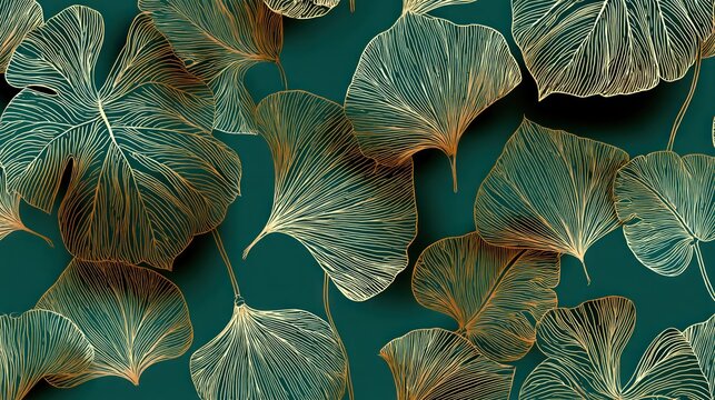 A seamless pattern of gold and green leaves on a dark teal background, with a gradient effect, featuring a mix of natural and artistic elements. - Powered by Adobe