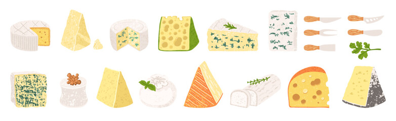 Cartoon style Cheese set illustration with grunge texture. Different types of cheese Brie, Camembert, Swiss cheese with holes Parmesan. Fun hand drawn vector colorful design for food or dairy projects