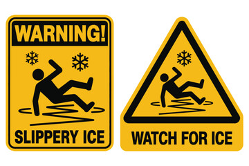 Two yellow warning signs, one rectangular and one triangular, depicting a figure falling on slippery ice and snowflakes above, indicating a hazard.