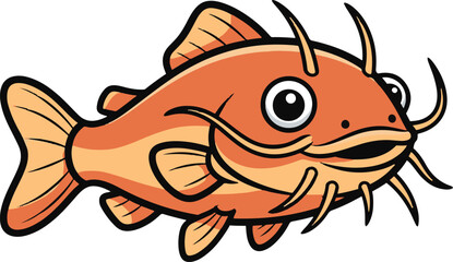 A cartoon vector illustration of an orange catfish with prominent whiskers and large eyes, outlined in black, set against