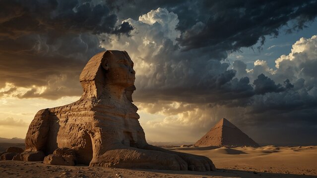 Ancient Egyptian sphinx shadowed by stor