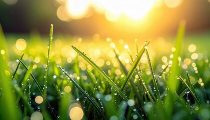 Macro view of fresh green grass covered in dew drops, with the sun shining brightly in the background.