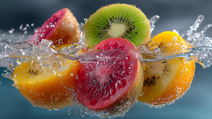 “The image shows a vibrant, close-up shot of various colorful kiwifruit halves splashing into water. The fruits—green, golden yellow, and bright red kiwi—appear suspended mid-splash, with crystal-clea