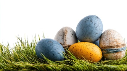 A nest with colorful Easter eggs, surrounded by green grass, on a white background.
