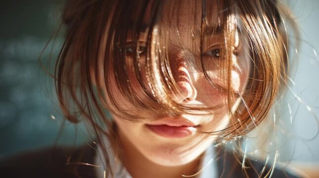 Portrait of a Japanese high school girl with sunlit hair