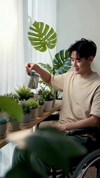 Happy young disabled asian man in wheelchair finding joy and practicing self-care while watering collection of potted plants on wooden shelf near a bright window, cultivating an indoor garden