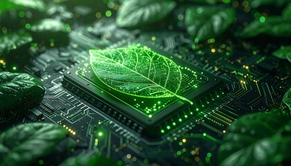 A glowing green leaf on a computer circuit board symbolizes the integration of nature with advanced technology for a sustainable future