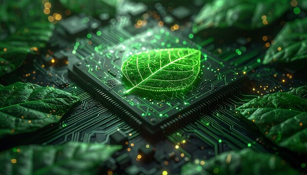 Green technology concept with a glowing leaf on a computer processor circuit board, symbolizing sustainable and eco-friendly computing