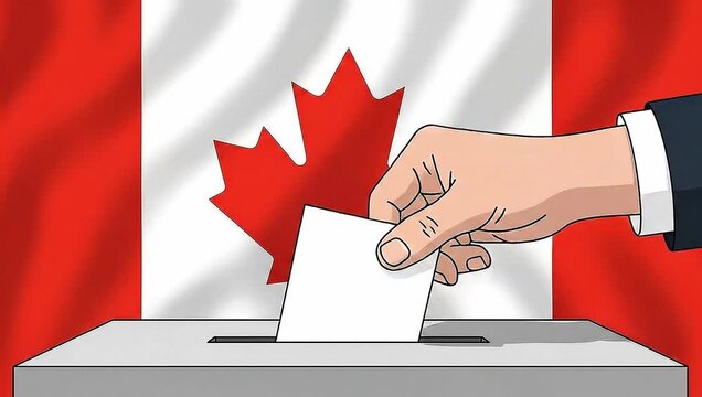 Canada Election Voting Animation - Hand Casting Ballot with Waving Flag Background
