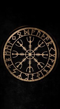 Mystical golden round mandala in form of wheel consisting of Norse runes on black background creating atmosphere of ancient magic and sacred knowledge.