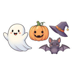 Fototapeta premium A cute Halloween character bundle featuring a smiling ghost, cheerful pumpkin, small bat, and witch hat. Ideal for stickers, children’s designs, and seasonal merchandise.