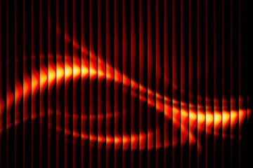 Abstract fiery orange and yellow light streaks with vertical dark red lines on a black background, digital art