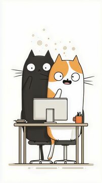 Looping animation of cartoon black and orange cats reacting dramatically while working together at a desk with a computer