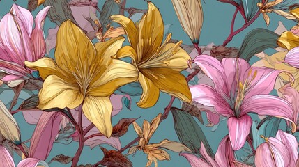 A vibrant floral pattern with yellow and pink lilies on a teal background, featuring intricate details and a mix of soft and bold colors.