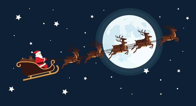 Santa Claus in Sleigh with Reindeer Flying Past Moon.