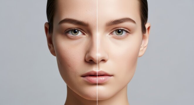 Woman's face before and after acne treatment. Comparison of problem skin with pimples and clear, healthy skin. Concept for skincare, dermatology, and beauty results.