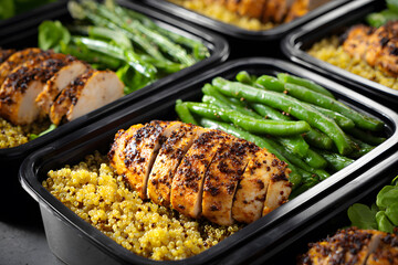 Healthy meal prep with grilled chicken, quinoa, and green beans in black containers