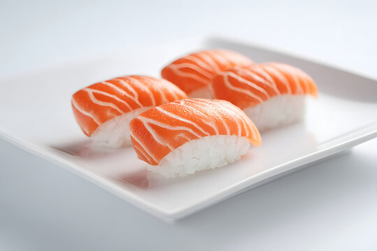 Fresh salmon nigiri sushi served on a white plate, showcasing vivid colors and delicate presentation for sushi lovers