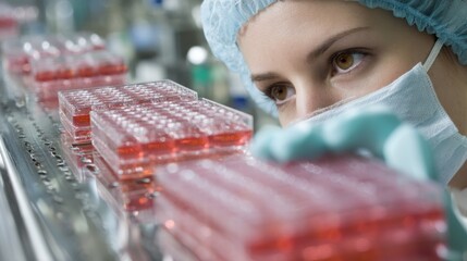 A scientist wearing a blue cap and mask, examining a row of red test tubes in a laboratory setting.