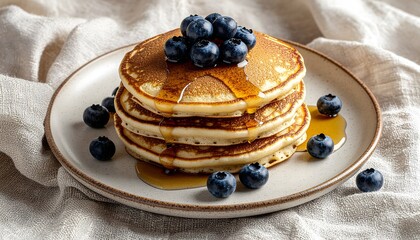Close-up of thick pancakes stacked high, generously topped with blueberries and dripping with golden maple syrup on a rustic plate
